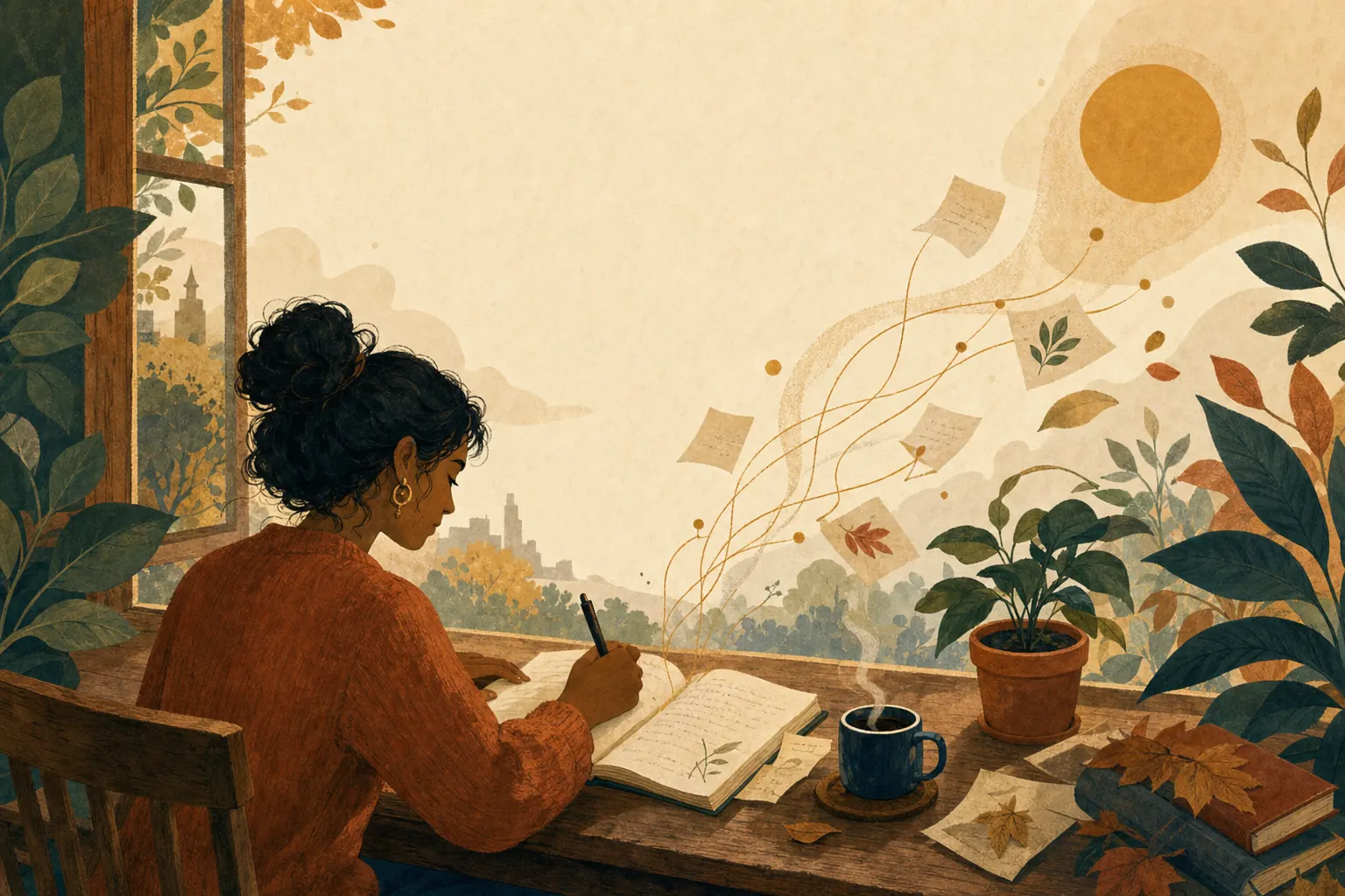A writer at a sunlit window desk, pages and leaves drifting up toward a warm ochre sun