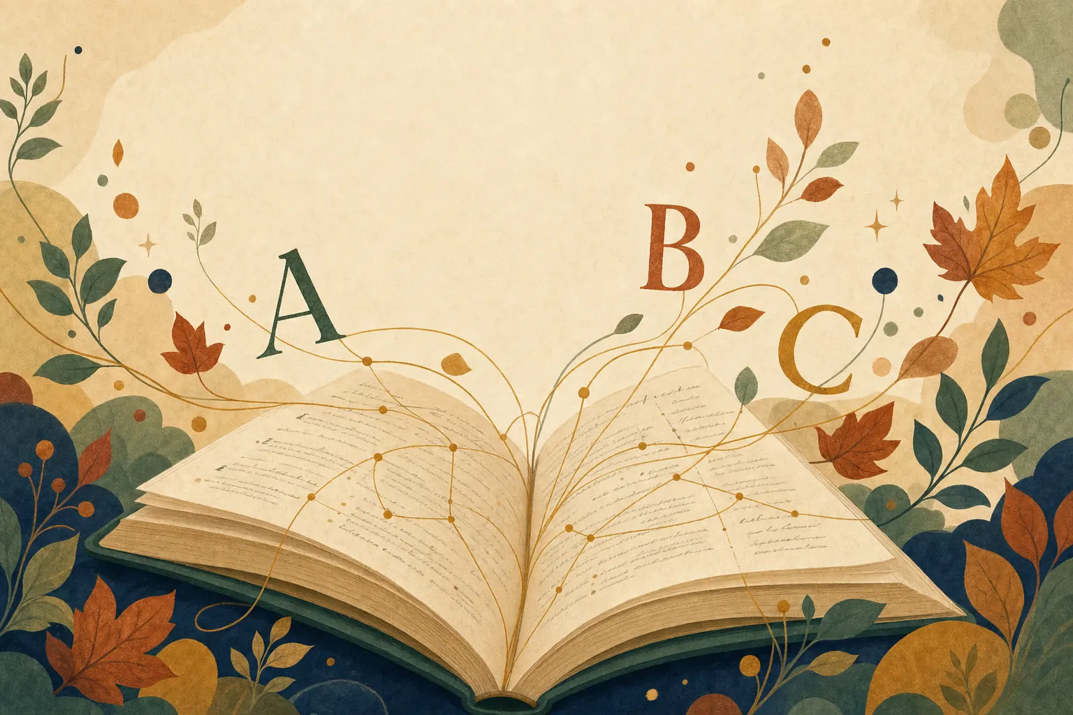 An open book with golden threads linking terms across its pages, letters and leaves rising from the spine